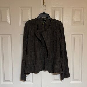 Eileen Fisher Linen Blend Woven Open Front Raw Trim Jacket Long Sleeve Gray